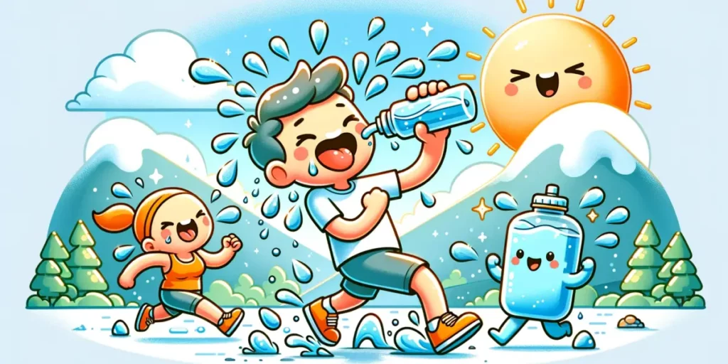 A charming and memorable illustration emphasizing the importance of hydration, especially during exercise. The scene depicts a joyful human character