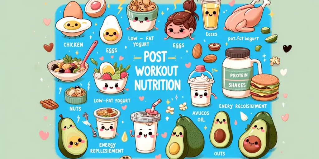 A delightful and approachable illustration that encapsulates the importance of post-workout nutrition. The image features a variety of cute, cartoon-s