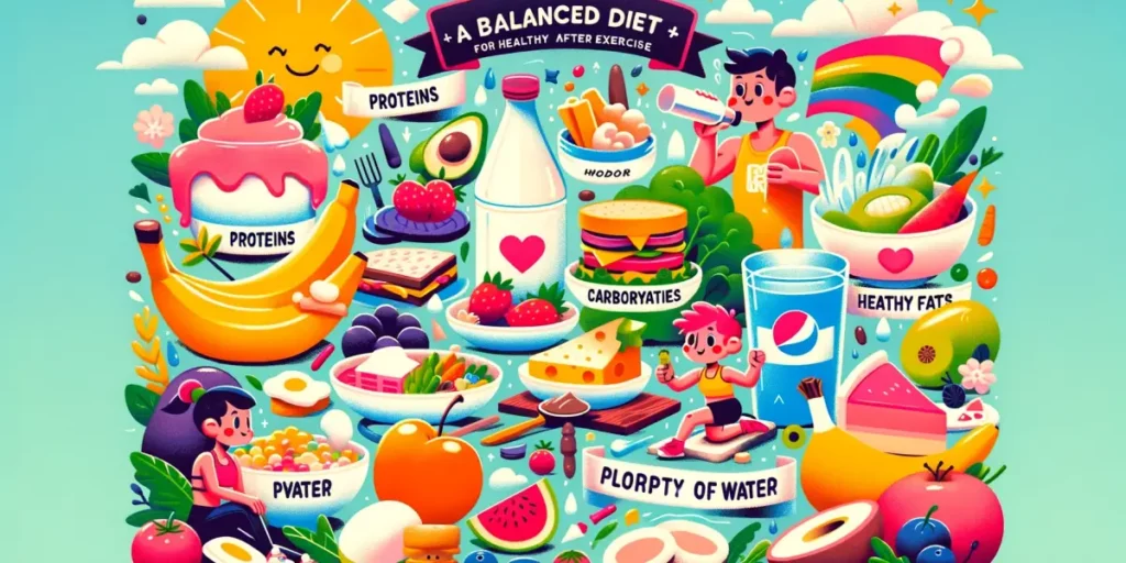 A delightful and engaging infographic-style illustration emphasizing the importance of a balanced diet for healthy recovery, especially after exercise