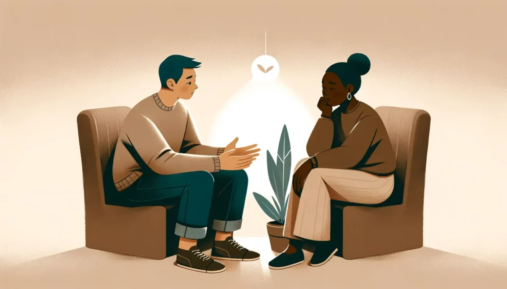A heartwarming and memorable illustration emphasizing the importance of understanding and empathy over criticism and blame. The image portrays two ind