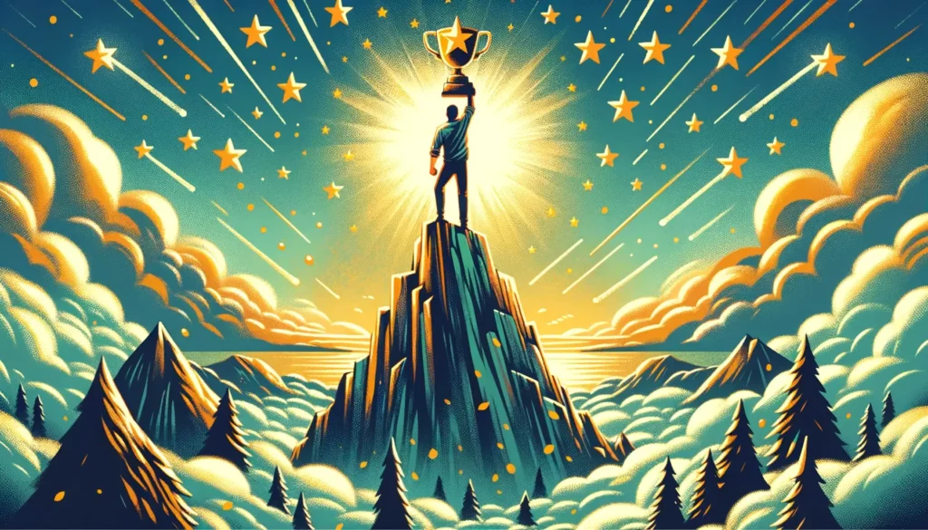A heartwarming and memorable illustration symbolizing personal achievement and the rewards of self-driven effort. The image should convey strength, in