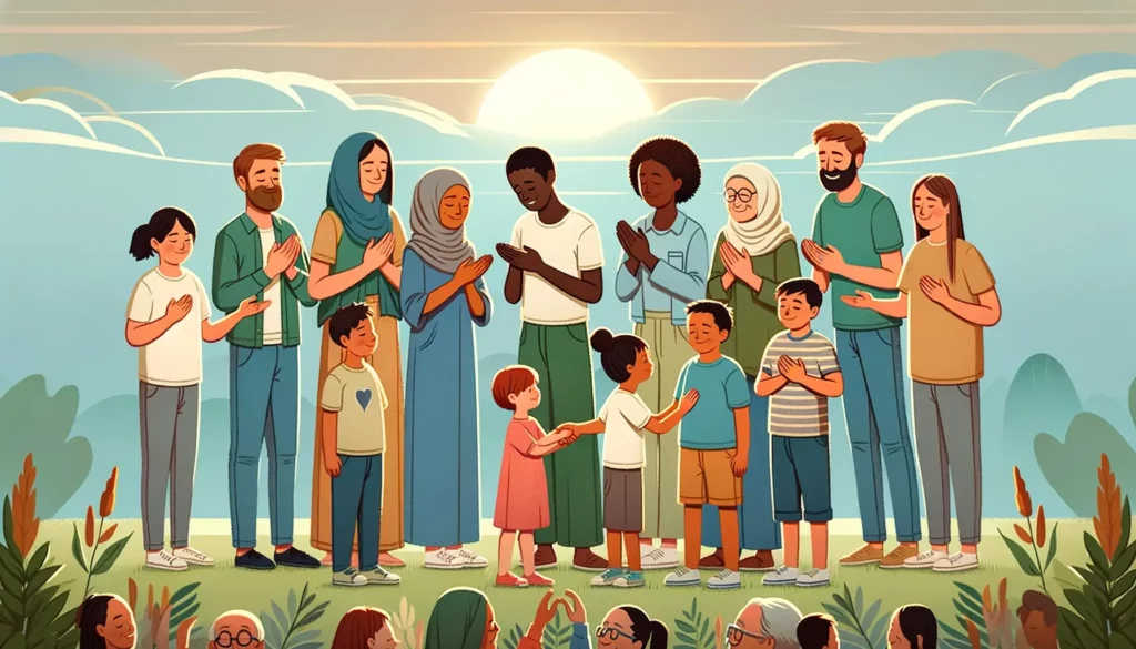 A heartwarming and simple illustration that embodies the concept of understanding and empathy among people. The image features a diverse group of indi