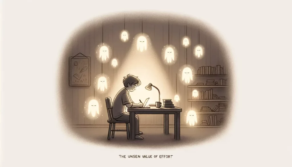 A heartwarming, simple illustration depicting the unseen value of effort. The scene includes a person sitting at a desk, deeply focused on their work,