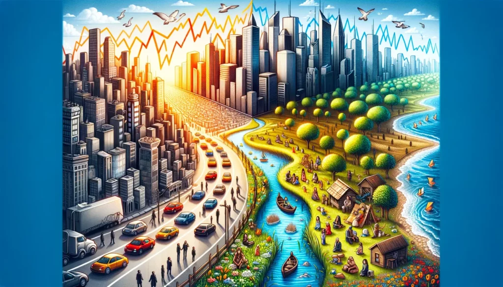 A metaphorical illustration representing the disconnect between virtual numbers and reality. The image depicts a vibrant, bustling city, symbolizing e