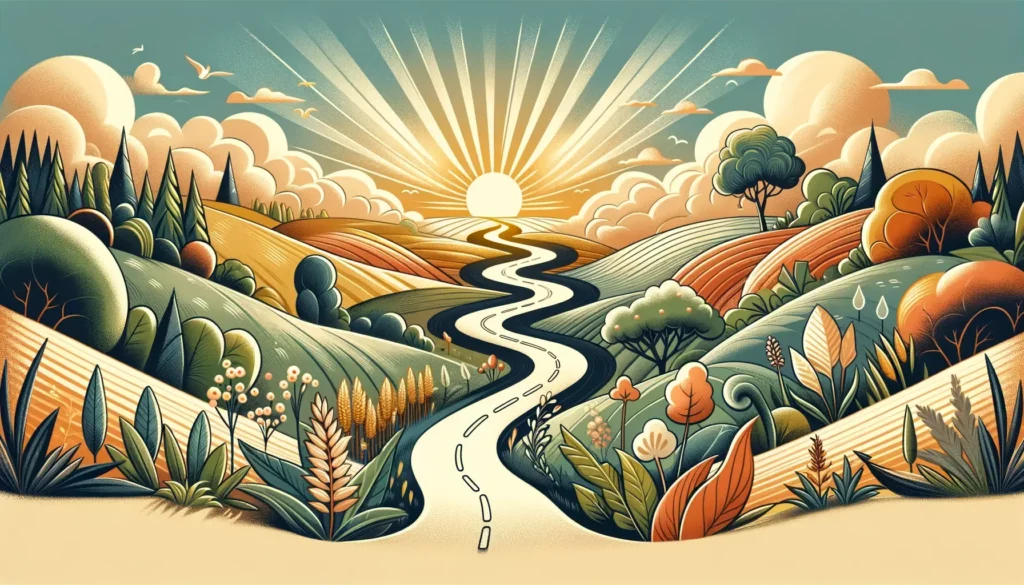 A picturesque and memorable illustration representing the concept of finding one's own path in life. The image should convey a sense of personal journ