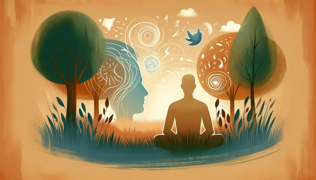 A serene and inspiring illustration symbolizing listening to one's inner voice amidst the chaos of the world. The image features a diverse individual