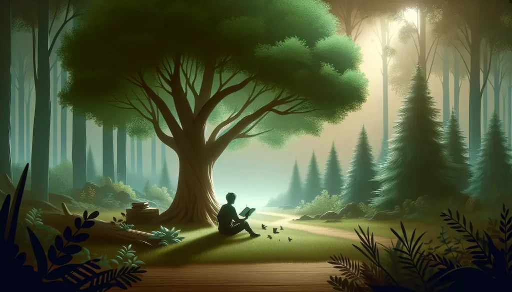 A serene and inviting illustration depicting the concept of self-discovery and self-understanding. The scene shows a person sitting under a large, lea