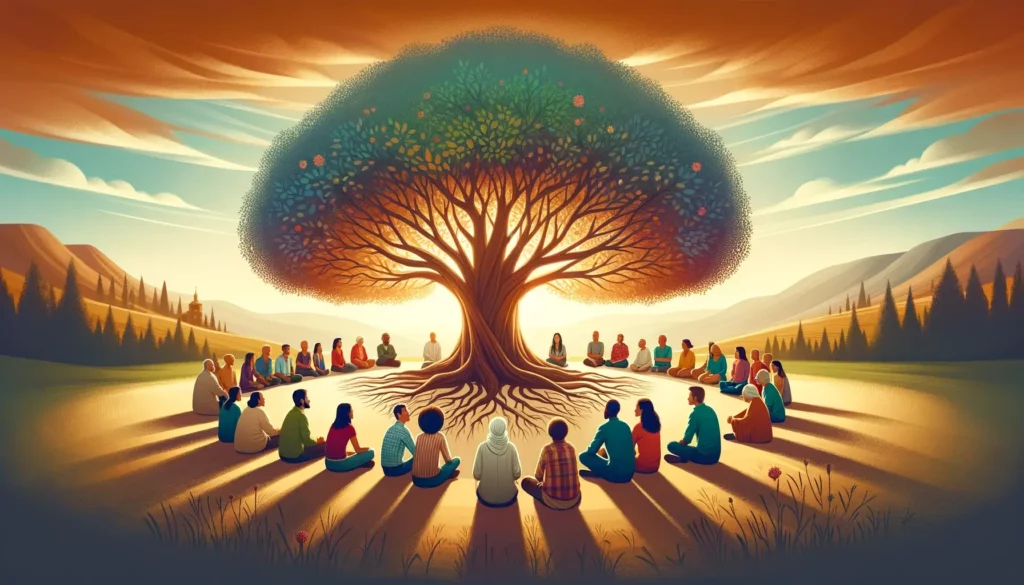 A serene and inviting illustration representing the concept of belief and respect for others' beliefs. The central focus is a large, strong tree symbo