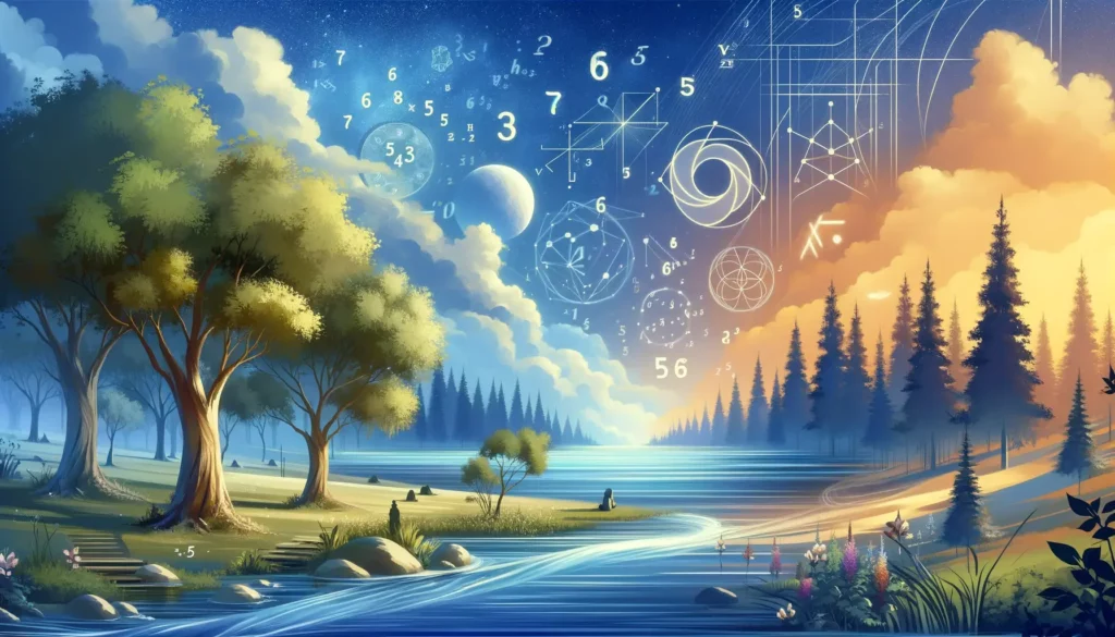 A serene, memorable illustration that beautifully captures the balance between virtual numbers, principles, and real life. The scene should depict a h