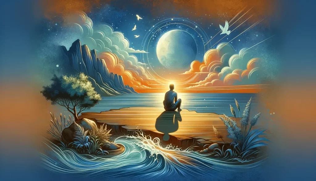 A tranquil and serene illustration depicting the human pursuit of inner peace and stability. The image should symbolize the quest for calmness and sec