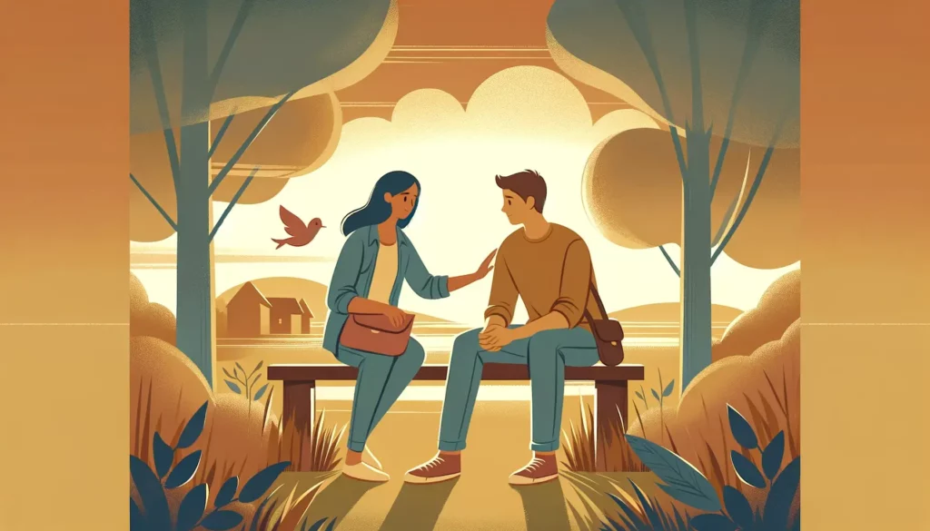 A warm and friendly illustration depicting the concept of helping others while maintaining healthy boundaries. The scene should show two individuals i