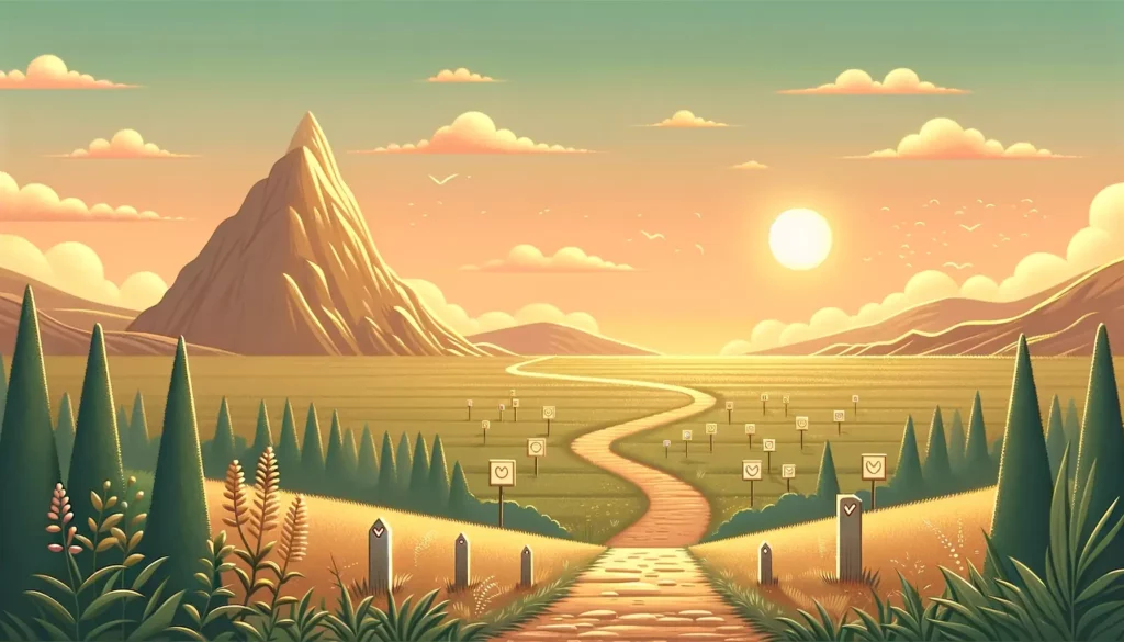 A warm and welcoming illustration capturing the essence of recognizing the true value of effort. The scene depicts a serene landscape with a path lead