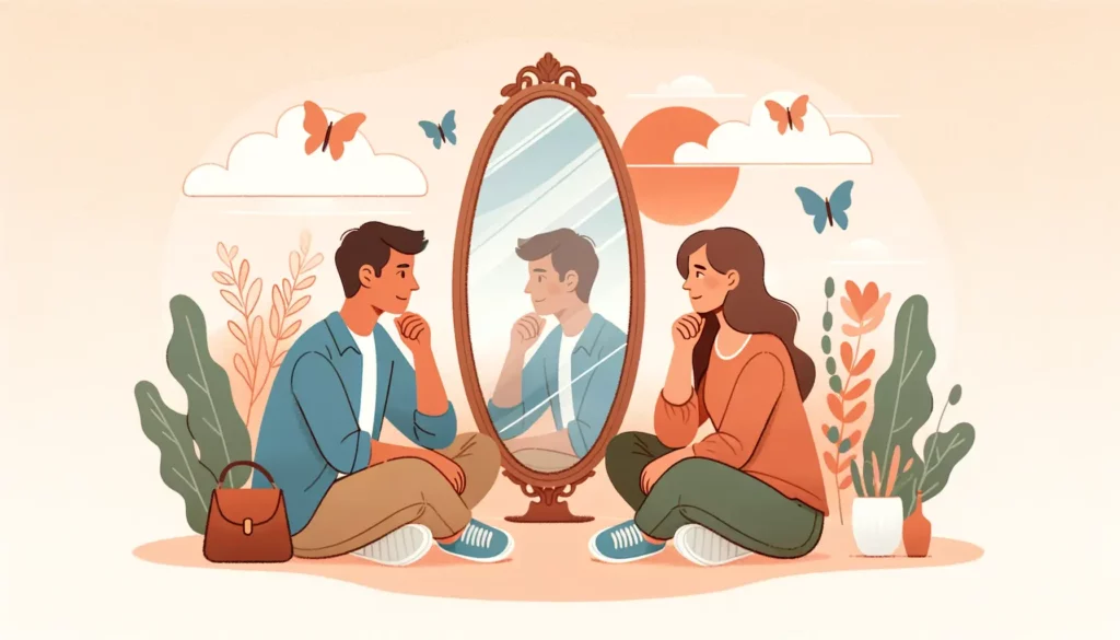 A warm, friendly illustration depicting the concept of self-reflection in conflict prevention. The image shows two people, one Asian male and one Cauc