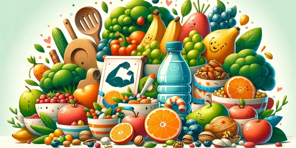 A whimsical and friendly illustration that embodies the concept of post-workout nutrition. The image features a variety of healthy foods like fruits,