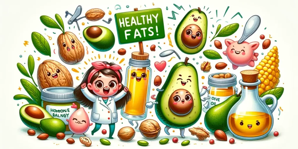 A wide, engaging illustration showcasing the concept of healthy fats as a source of long-term energy. The image should feature whimsical, friendly dep
