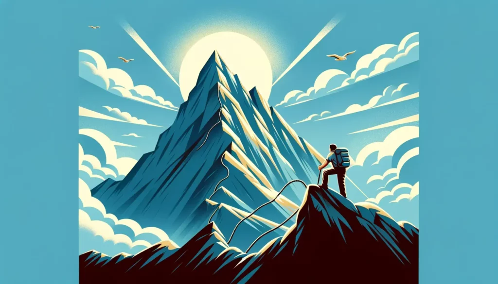 A wide, memorable image illustrating the concept of self-effort and independence. The image should depict a person climbing a mountain alone, symboliz