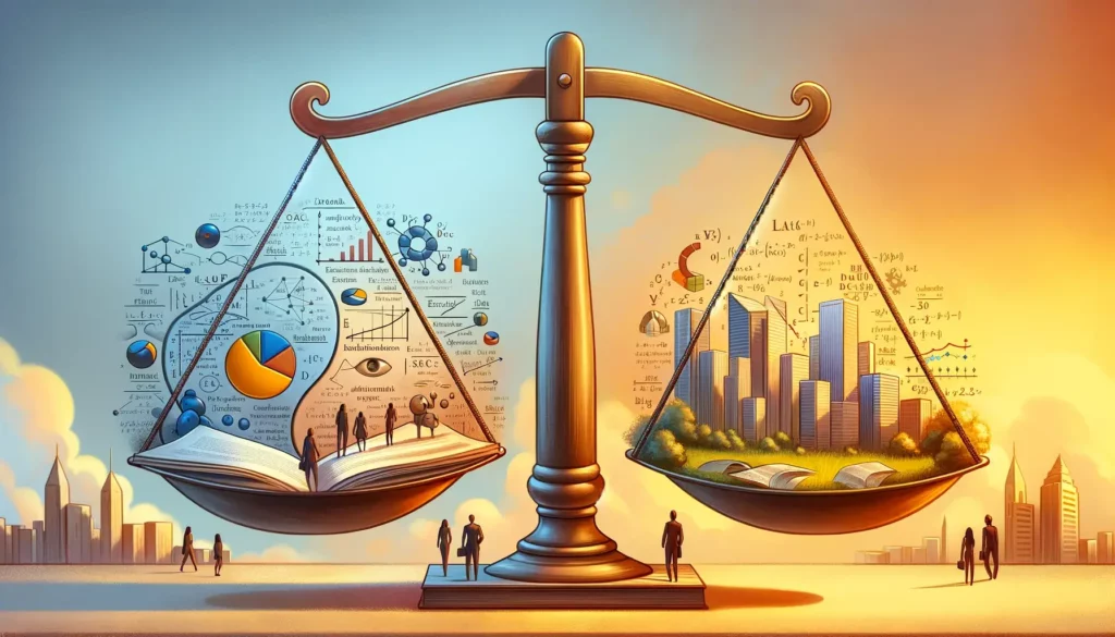 An illustration capturing the balance between the understanding and application of principles, specifically in economics. The scene includes a large,