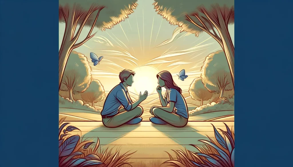 An illustration capturing the essence of empathy, communication, and self-reflection in conflict resolution. The image depicts two individuals engaged
