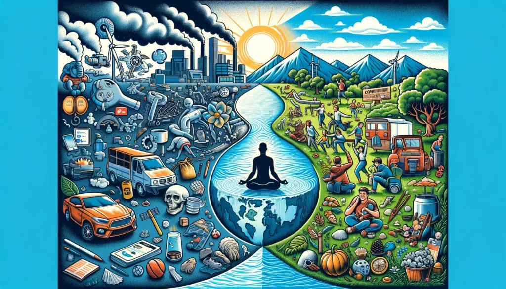 An illustration depicting the balance between convenience and sustainable development in modern society. The image should be friendly and memorable, y