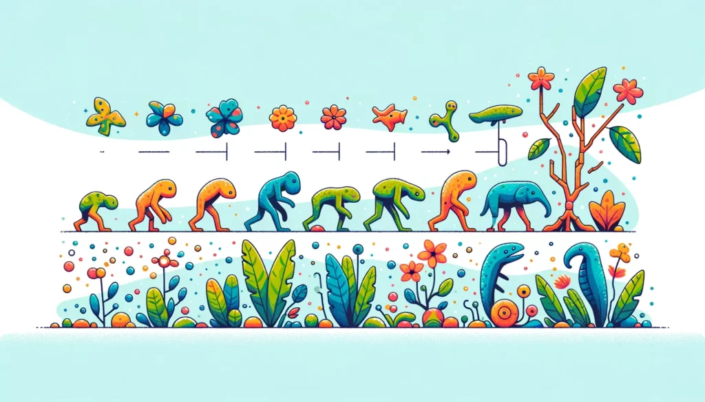 An illustration depicting the concept of evolution in a friendly and memorable way. The image should be simple and not too complex. It should visually
