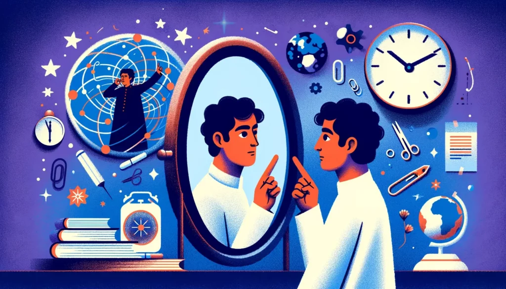 An illustration depicting the concept of self-reflection on human rationalization and criticism. The scene includes a person looking into a mirror, wh