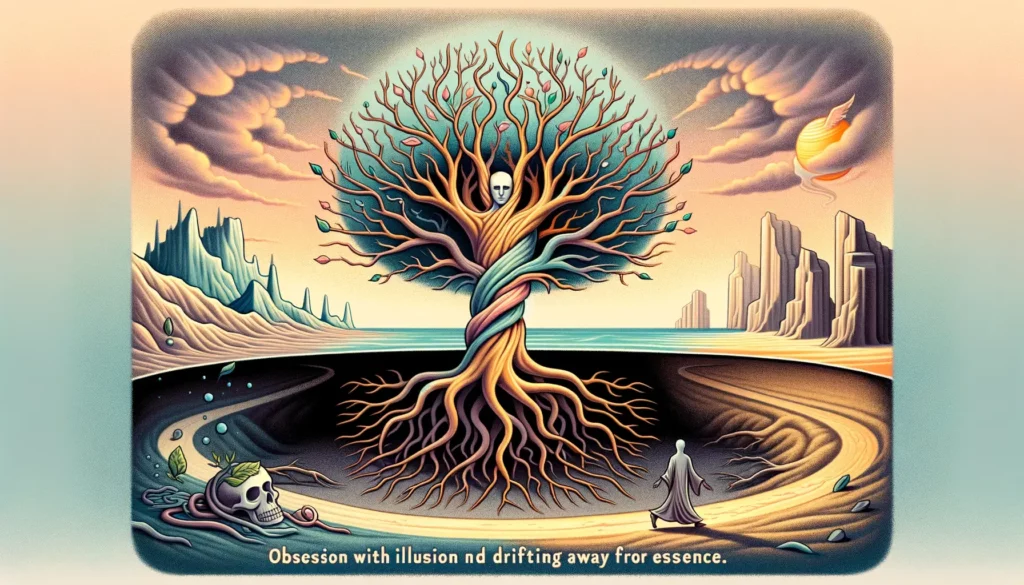 An illustration depicting the theme of 'Obsession with Illusion and Drifting Away from Essence'. The image shows a tree with no roots, symbolizing bea