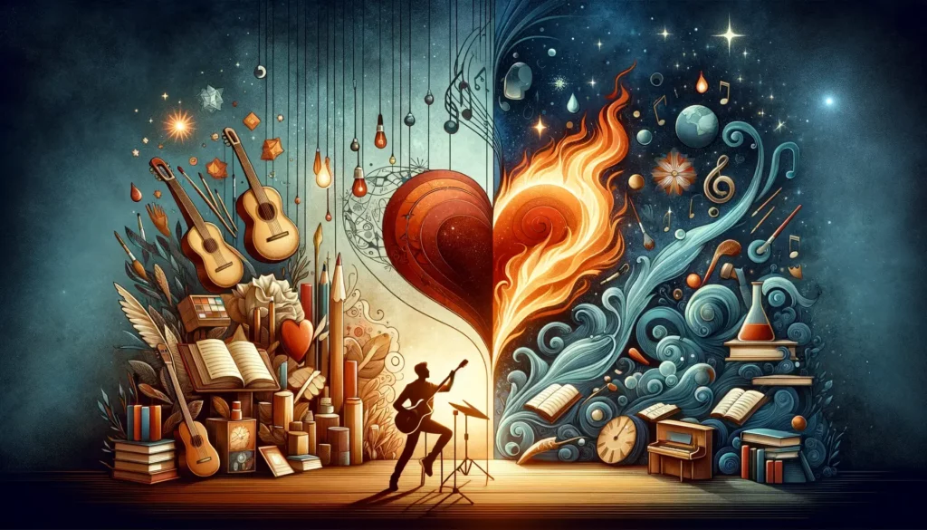 An illustration representing the harmony between passion and talent. This image should depict a scene where elements symbolizing passion, such as a fi