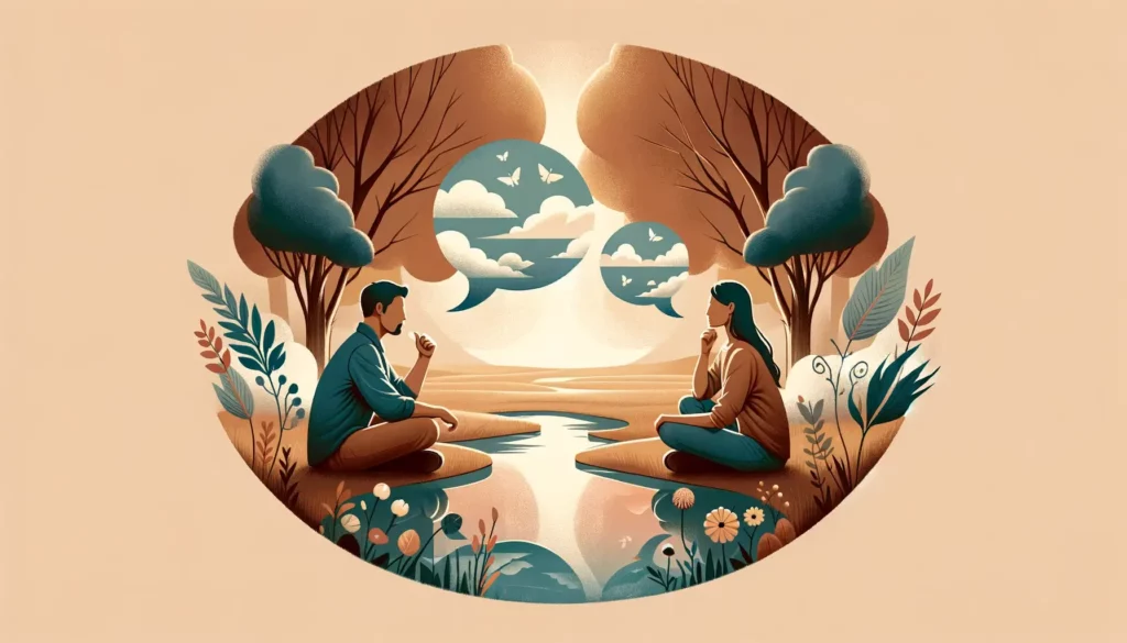 An illustration symbolizing self-reflection in conflict resolution. The image features two individuals, one Asian male and one Caucasian female, engag