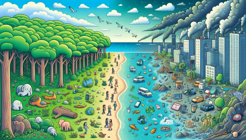 An illustration symbolizing the negative impacts of convenience on nature and human capabilities. The image is divided into two contrasting scenes. On