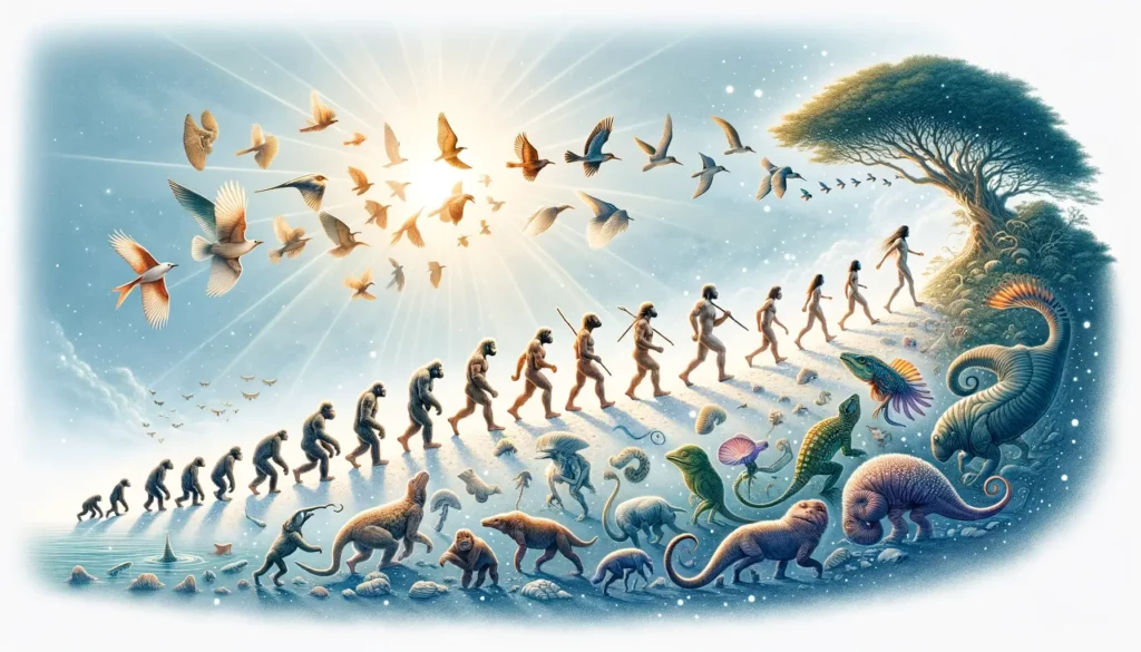 An illustration that captures the essence of evolution and the journey of life on Earth. This image should be friendly and memorable, representing the