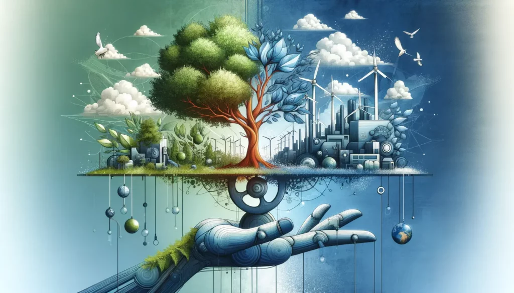 An illustration that embodies the balance between convenience and sustainable development, suitable for use as a memorable header image. The artwork s
