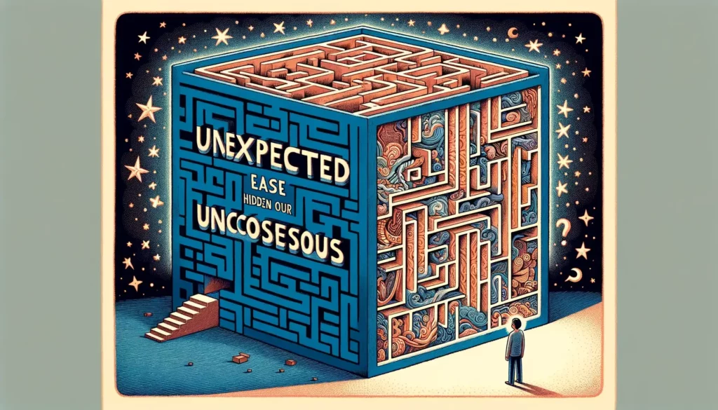 An illustration that metaphorically represents the concept of 'unexpected ease hidden in our unconscious'. The image should depict a person facing a s