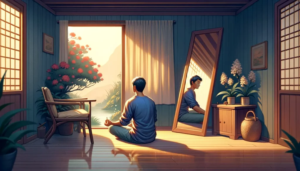 An illustrative image representing the concept of self-reflection and personal growth. The scene shows a serene and peaceful environment, perhaps a qu