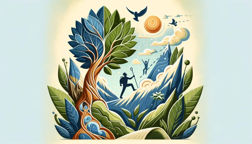 An inspirational and memorable illustration symbolizing self-improvement through effort. The image should convey the concept of personal growth and de