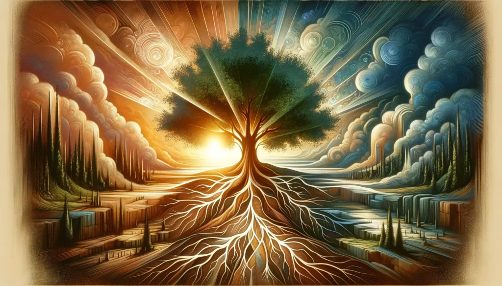 An inspiring and memorable illustration depicting the true meaning of belief as a fundamental element in our lives, akin to the roots of a tree that p