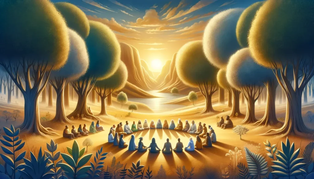 An inspiring and memorable illustration symbolizing the harmony and respect for diverse beliefs in society. The image features a serene landscape with