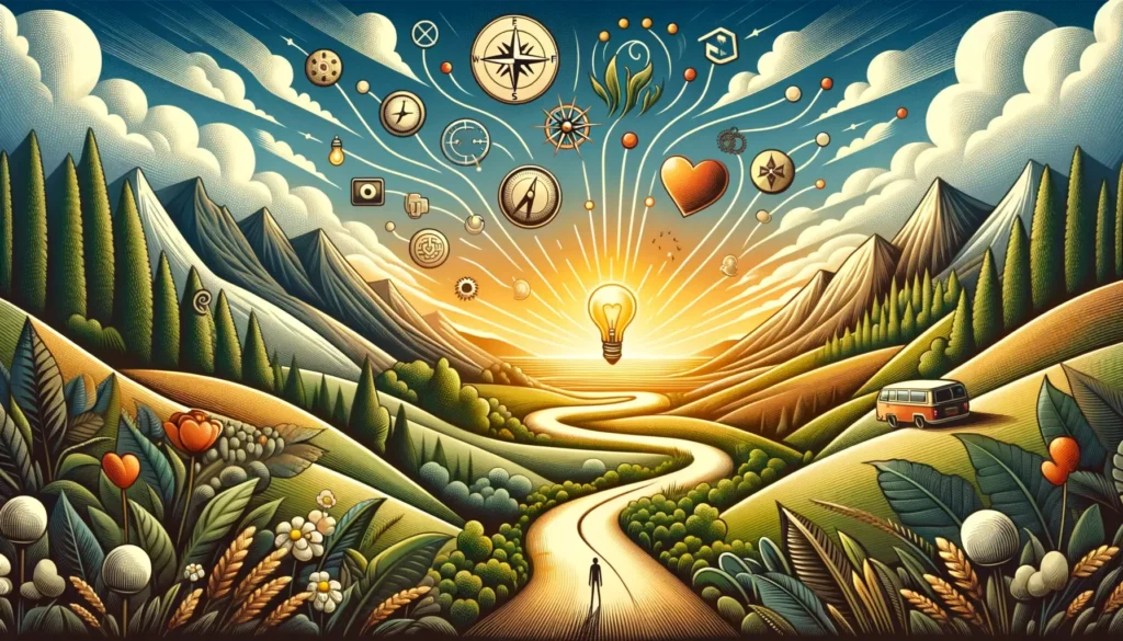 An inspiring and memorable wide illustration representing the concept of finding one's path in life. The image should evoke a sense of personal happin