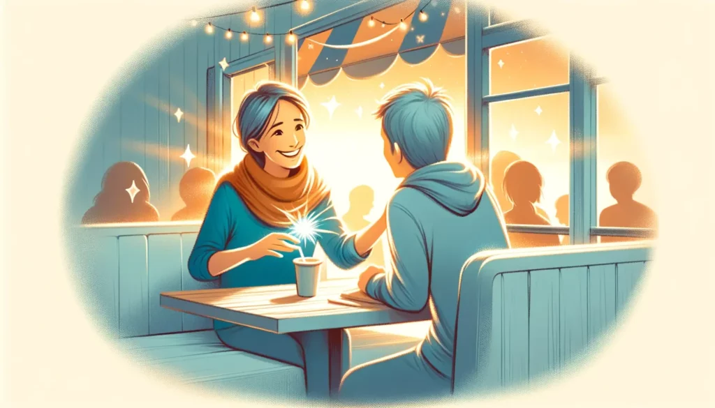A heartwarming and memorable illustration depicting a person spreading joy through kind words. The scene shows a friendly, smiling individual in a coz