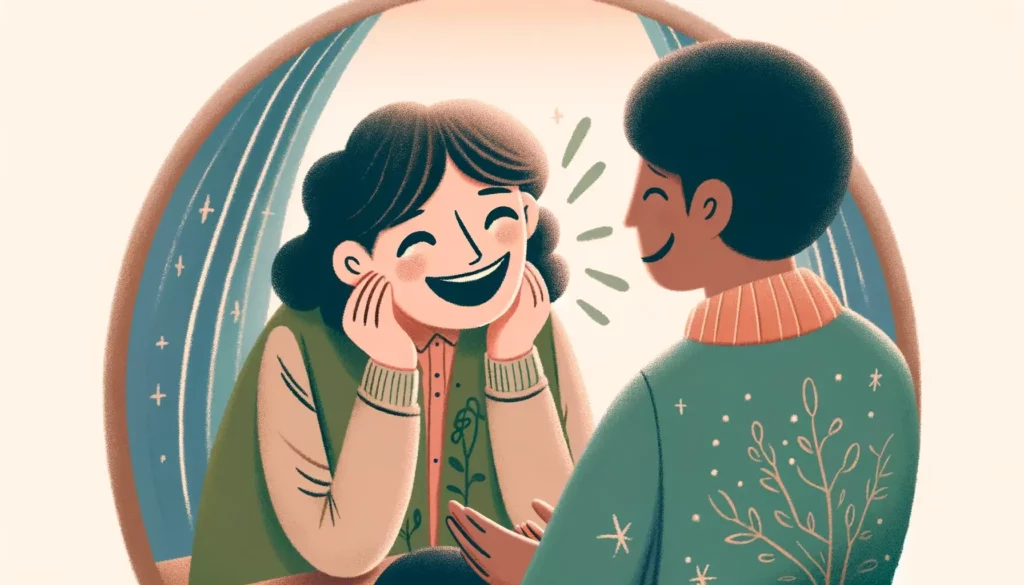 A heartwarming illustration depicting a person cheerfully speaking kind words to someone else, creating a joyful atmosphere. The scene is set in a coz