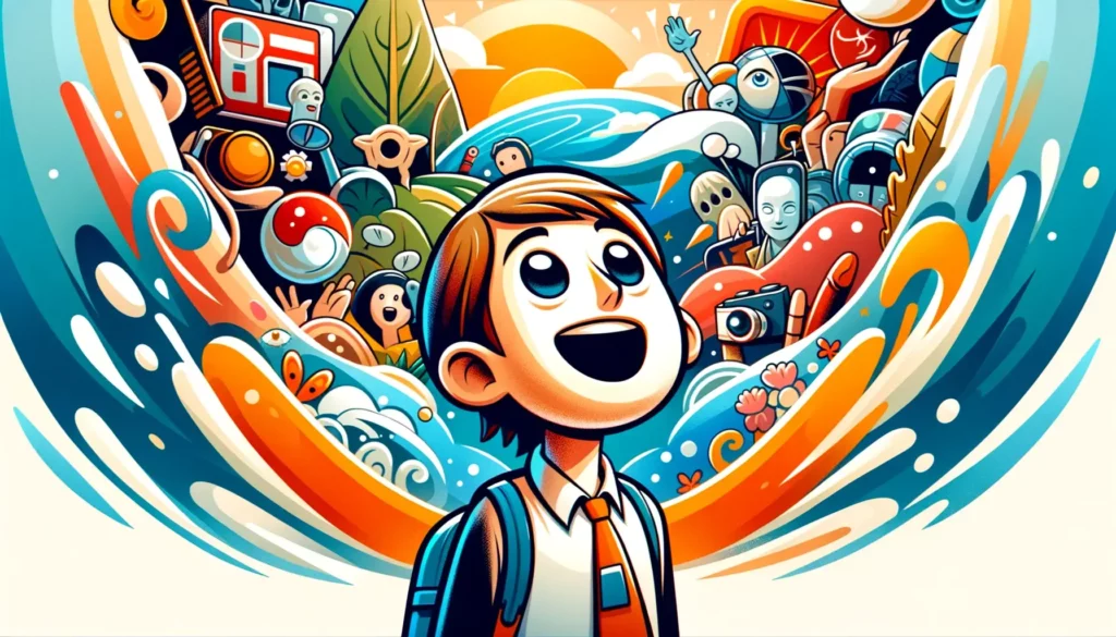A wide, friendly, and memorable illustration depicting a person experiencing something new. The image features a character with a look of awe and exci