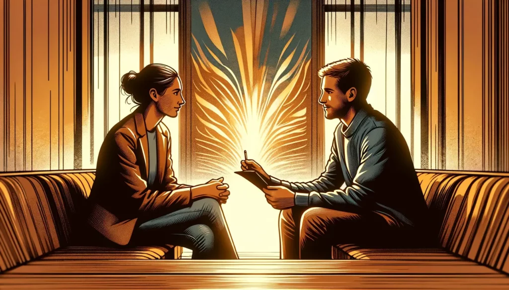 An illustration capturing the deepening of relationships through empathy and understanding. The image should represent two people engaged in a meaning
