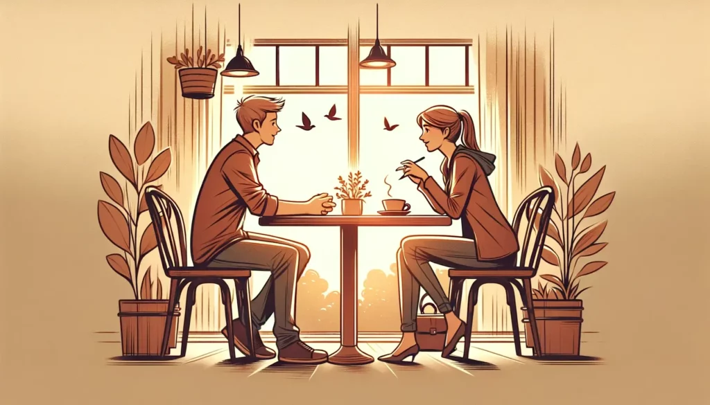 An illustration capturing the essence of forming a new friendship. The scene shows two people meeting for the first time in a warm and welcoming envir