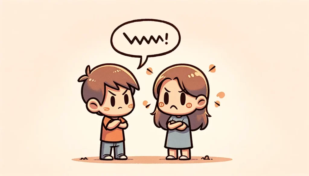 An illustration depicting a person saying something unpleasant, causing another person to feel upset. The scene shows two cartoon characters in a simp