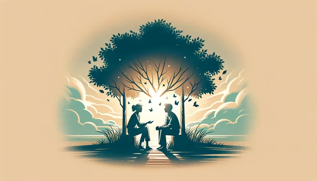 An illustration depicting the beginning of a relationship and the process of mutual understanding. The image should be simple, yet memorable, suitable