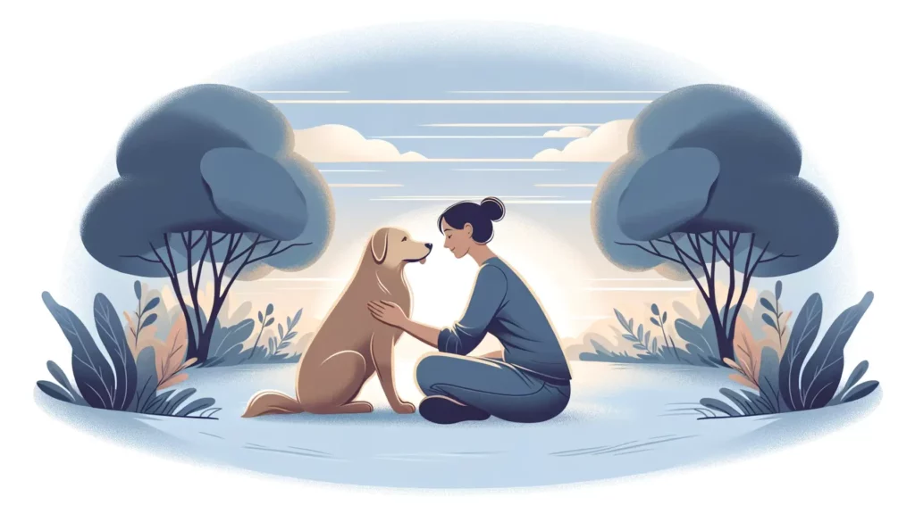 An illustration depicting the deep bond between a human and a dog. The scene shows a person and a dog sitting close together in a serene outdoor setti