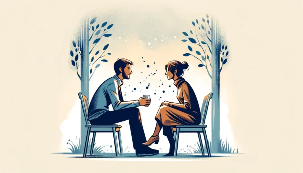 An illustration depicting two people engaged in a warm and attentive conversation, symbolizing a deep understanding and interest in each other's prefe