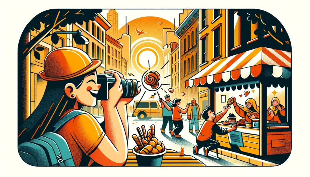 An illustration of a person exploring new experiences in everyday life. The scene should be set in a familiar, everyday environment, like a city stree
