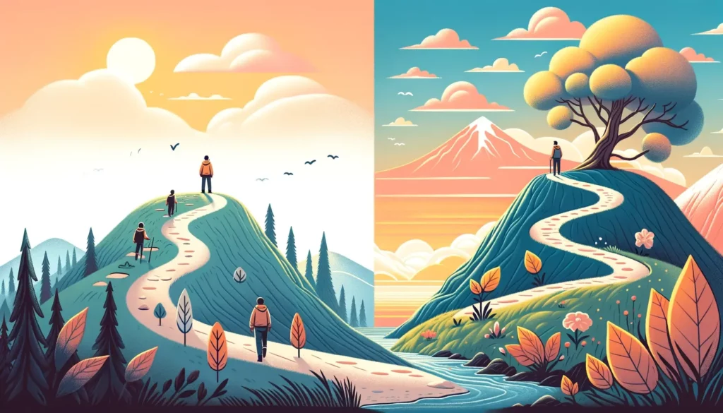 An illustration representing the importance of the process in personal growth and learning. The scene depicts a person on a journey, metaphorically re