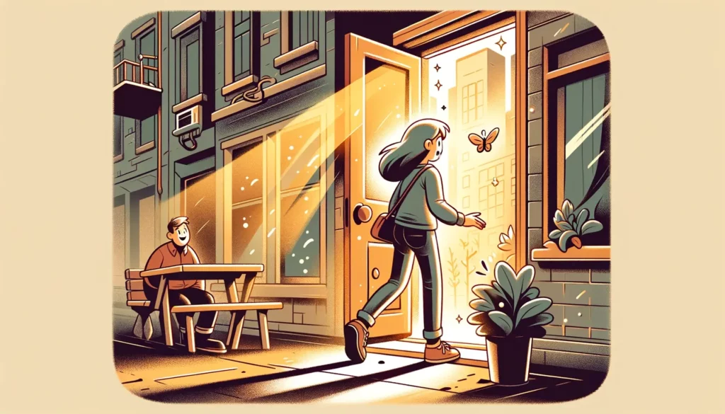 Illustration depicting a person in everyday life discovering new experiences. The setting is a cozy, familiar urban environment, like a city street or