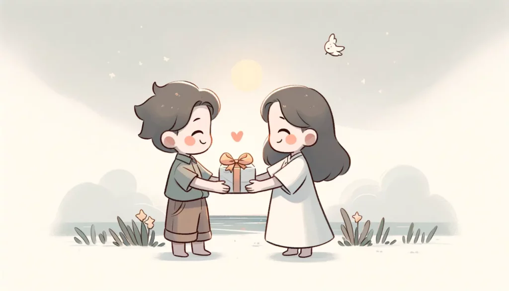 A heartwarming illustration depicting the concept of gratitude in a simple and memorable way. The scene includes a character offering a small, beautif
